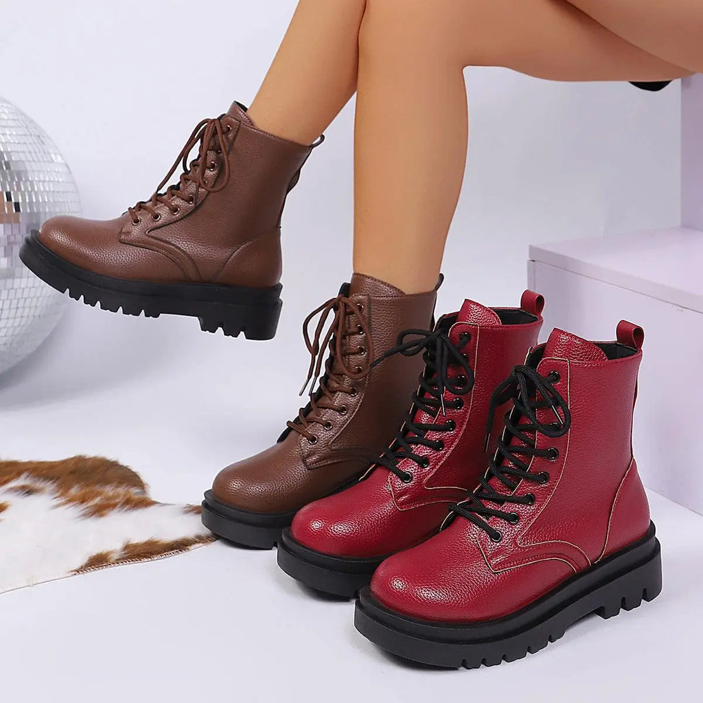 Women's plus-size red and dark brown round-toe lace-up chunky heel boots for autumn and winter