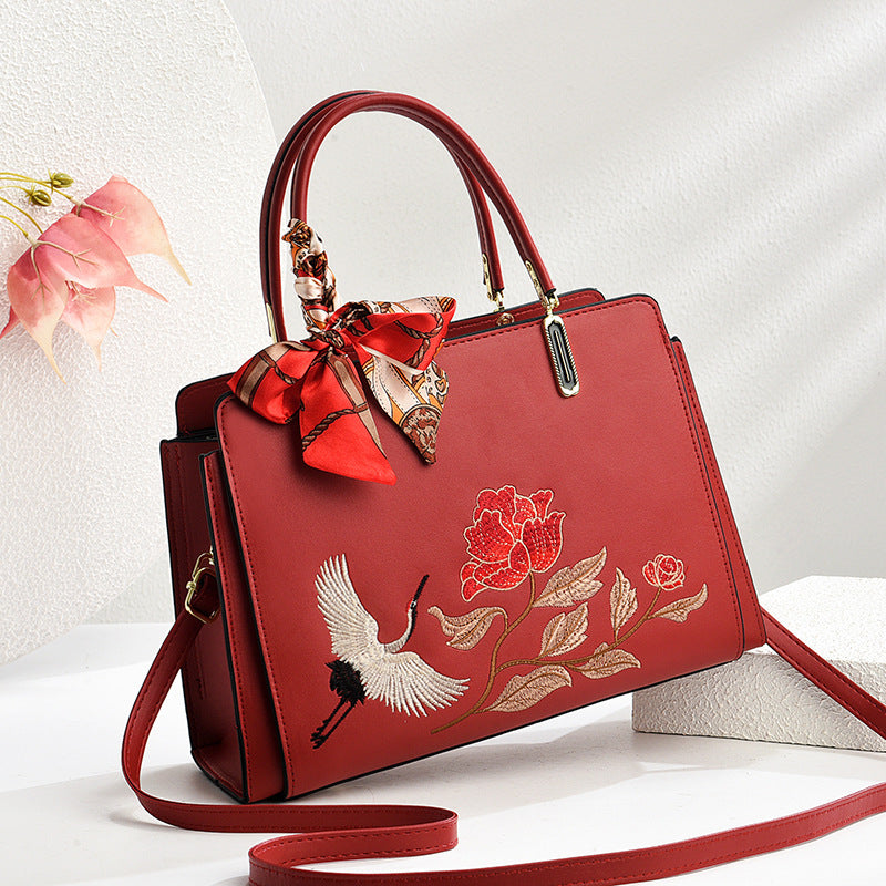 Womens New Chinese-Style National-Flair Embroidered Crane Fashion Crossbody Tote Bag