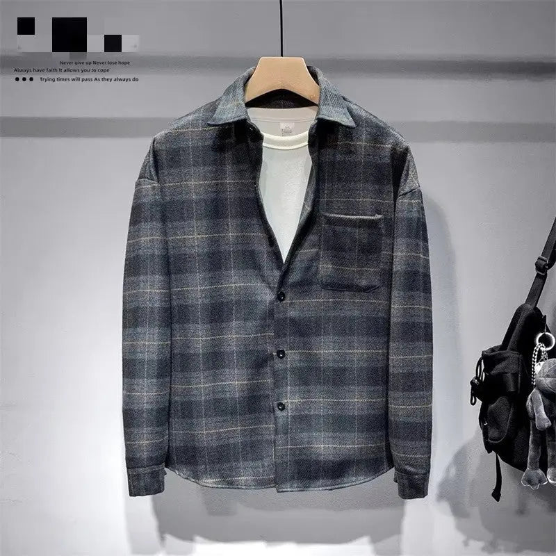 Men's Fashionable Lapel Casual Plaid Shirt Raven’s Echo Hoodie
