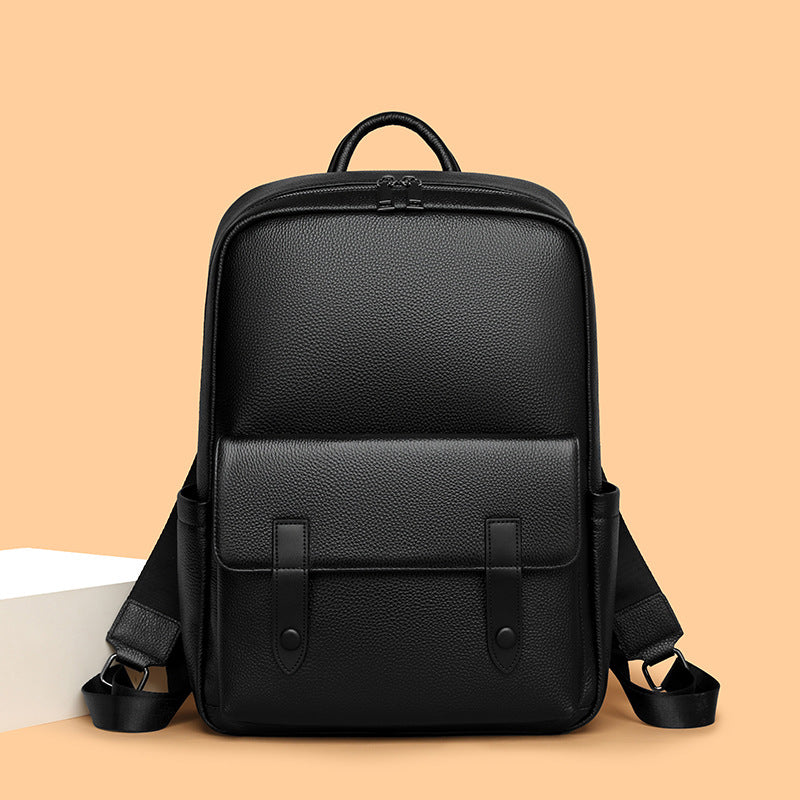 Men's Leather Large-Capacity Solid Color Backpack