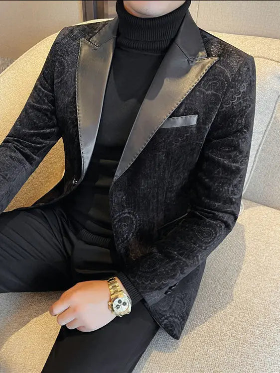 Jacquard Velvet Leather Lapel Men's Blazer Raven’s Echo Hoodie
