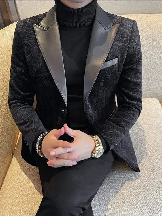 Jacquard Velvet Leather Lapel Men's Blazer Raven’s Echo Hoodie