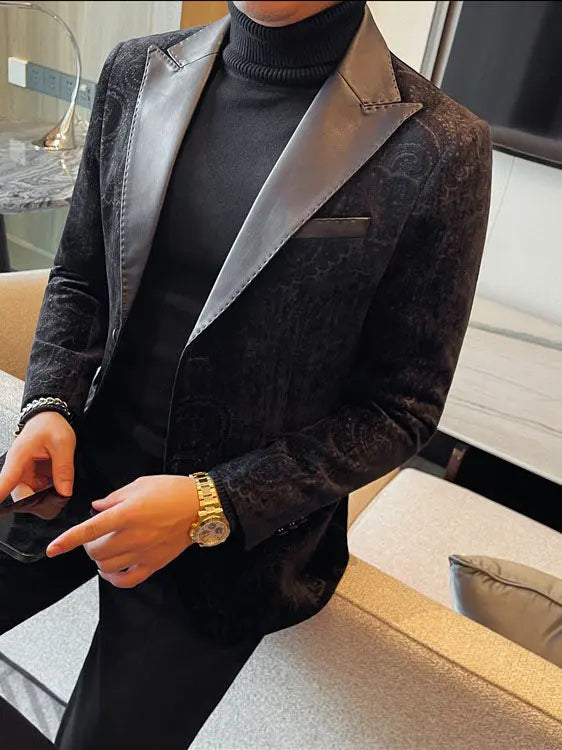 Jacquard Velvet Leather Lapel Men's Blazer Raven’s Echo Hoodie