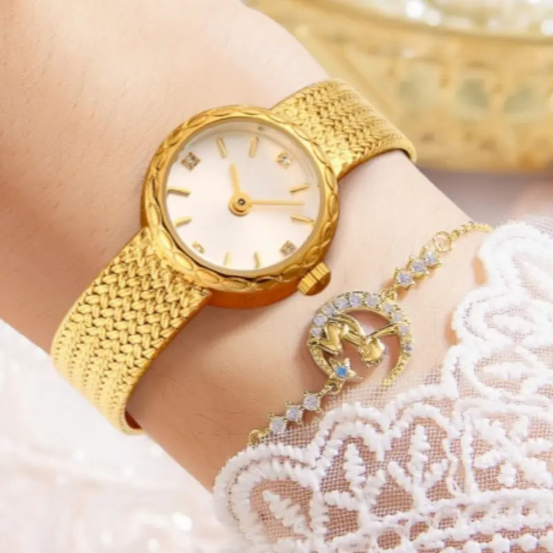 Retro Copper Mesh Womens Versatile Vintage-style Mini Gold Watch Raven’s Echo Hoodie