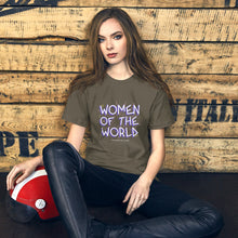 Load image into Gallery viewer, &quot;Stylish feminist slogan t-shirt in green, featuring the empowering phrase &#39;Women Rule The World&#39; in a trendy design.&quot;
