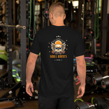 Load image into Gallery viewer, Artistic graphic skull shirt laid out flat from Skull Rider T-Shirt collection
