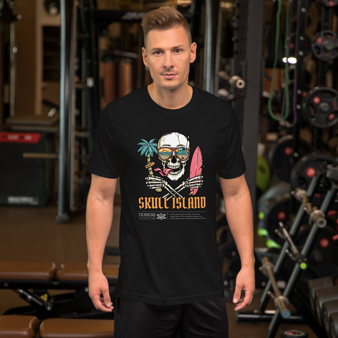 Close-up of Skull Island T-Shirt's custom skull-themed graphic tee